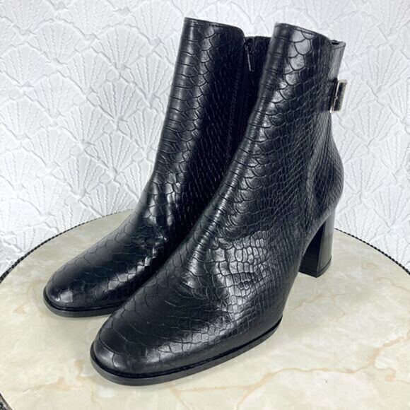 Antonio de Faria Ankle Boot Womens Size 9 Black Camila Snake Skin Chunky Heels - Picture 4 of 13
